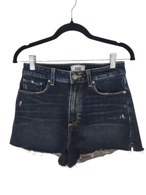 PAIGE Margot Denim Shorts Raw Hem Distressed Dark Wash Size 27